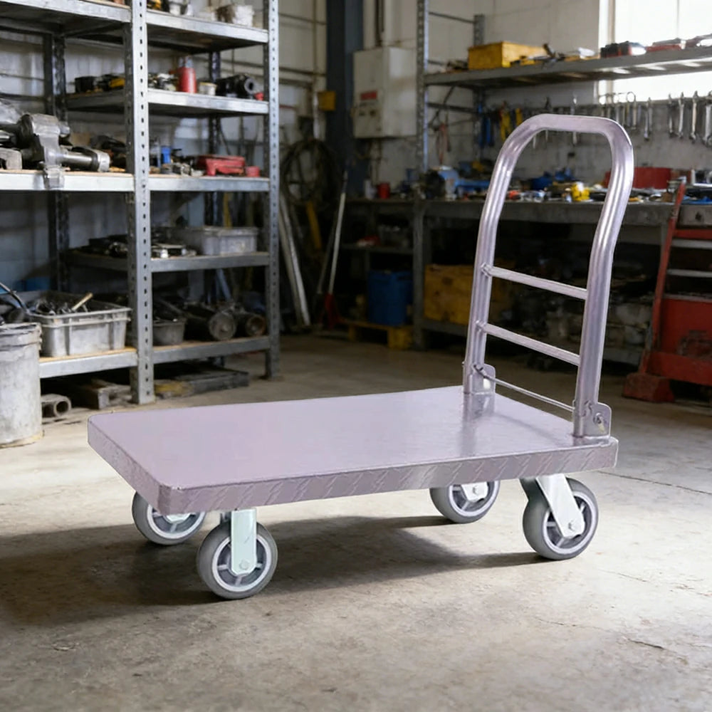 GROVIA Heavy-Duty Steel Platform Trolley - 73/90cm, Effort-Saving Silent 6-Inch Grey Rubber Wheels, 350/450kg Load Capacity, Industrial Warehouse Transport - Silver