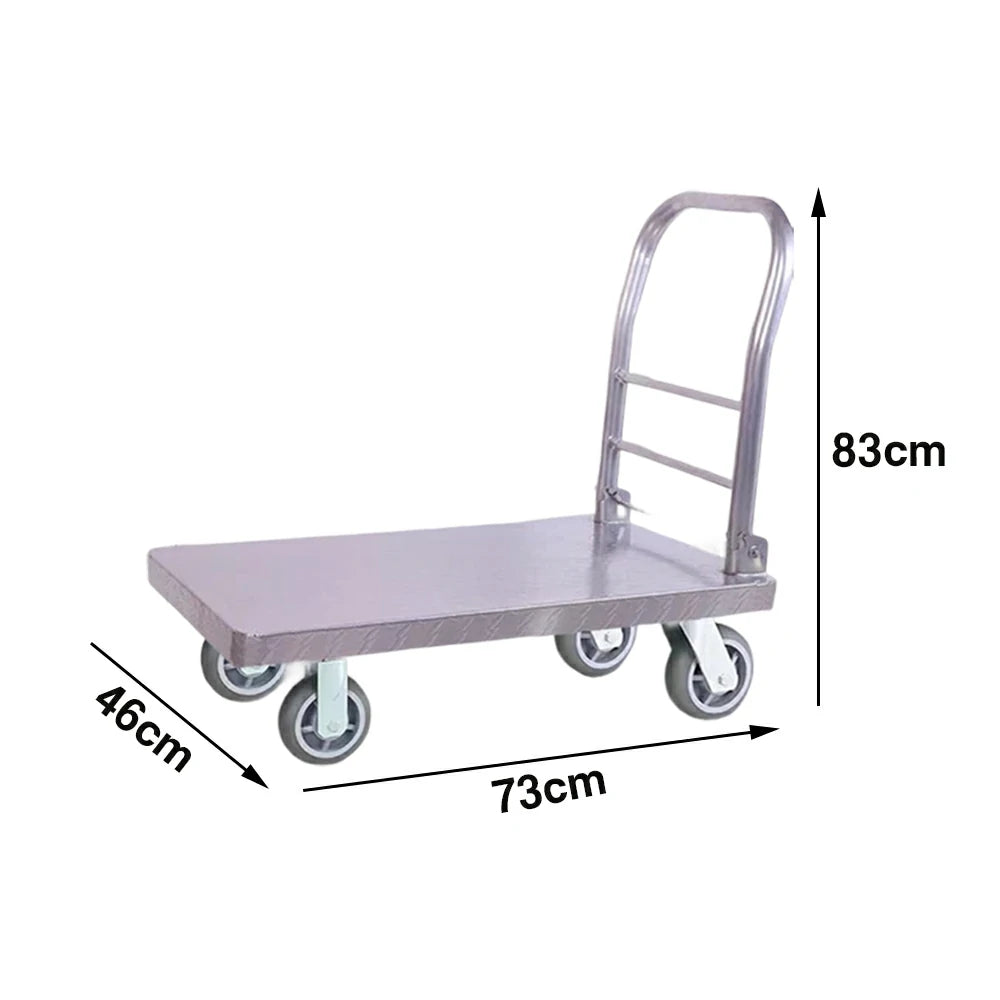 GROVIA Heavy-Duty Steel Platform Trolley - 73/90cm, Effort-Saving Silent 6-Inch Grey Rubber Wheels, 350/450kg Load Capacity, Industrial Warehouse Transport - Silver