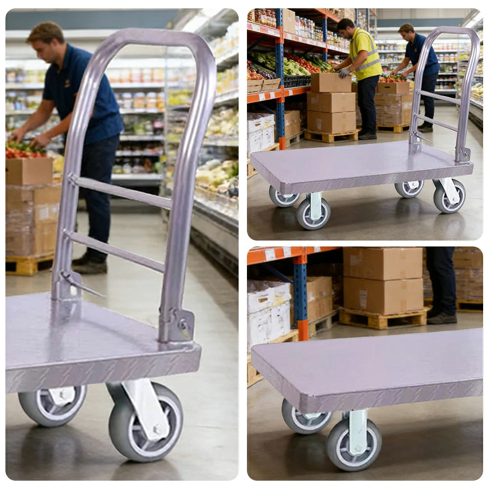 GROVIA Heavy-Duty Steel Platform Trolley - 73/90cm, Effort-Saving Silent 6-Inch Grey Rubber Wheels, 350/450kg Load Capacity, Industrial Warehouse Transport - Silver