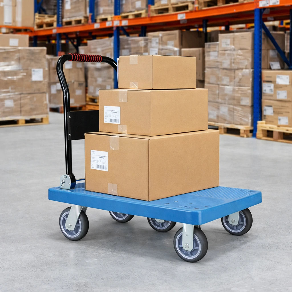 GROVIA Heavy-Duty Folding Platform Trolley - 90/110cm, 8-Inch Grey Rubber Solid Wheels, Ultra-Quiet, 450/600kg Load Capacity, Electroplated Steel Handle - Blue