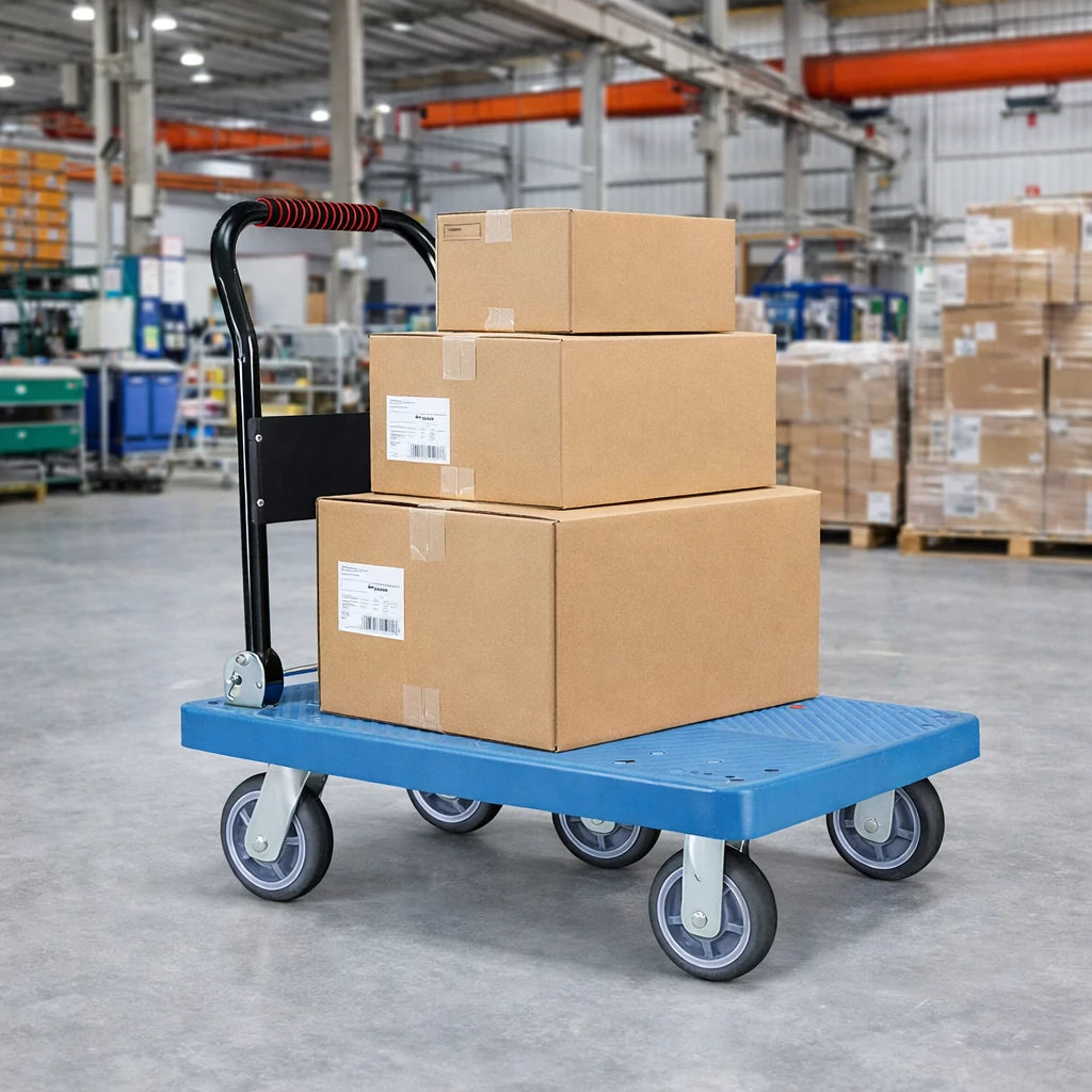 GROVIA Heavy-Duty Folding Platform Trolley - 90/110cm, 8-Inch Grey Rubber Solid Wheels, Ultra-Quiet, 450/600kg Load Capacity, Electroplated Steel Handle - Blue