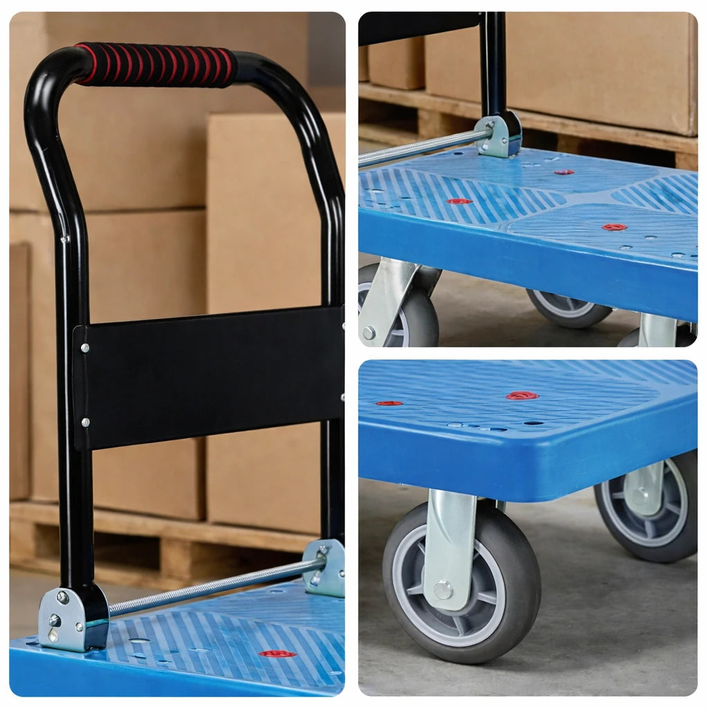 GROVIA Heavy-Duty Folding Platform Trolley - 90/110cm, 8-Inch Grey Rubber Solid Wheels, Ultra-Quiet, 450/600kg Load Capacity, Electroplated Steel Handle - Blue