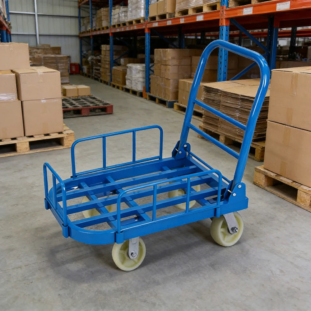 GROVIA Heavy-Duty Guard Rail Platform Trolley - 75/90cm, 6-Inch Nylon Wheels Non-Silent, 400/450kg Load Capacity, Industrial Warehouse Transport - Blue