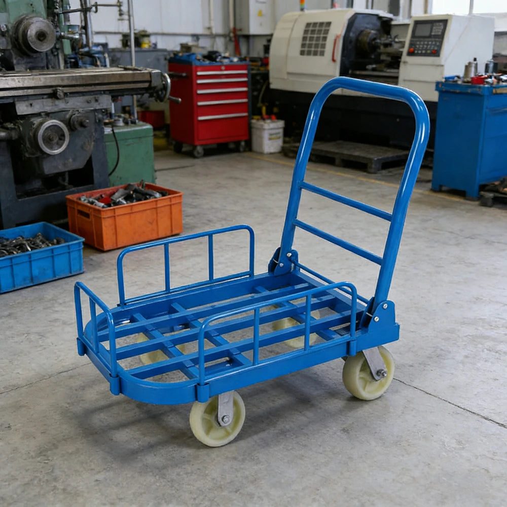 GROVIA Heavy-Duty Guard Rail Platform Trolley - 75/90cm, 6-Inch Nylon Wheels Non-Silent, 400/450kg Load Capacity, Industrial Warehouse Transport - Blue