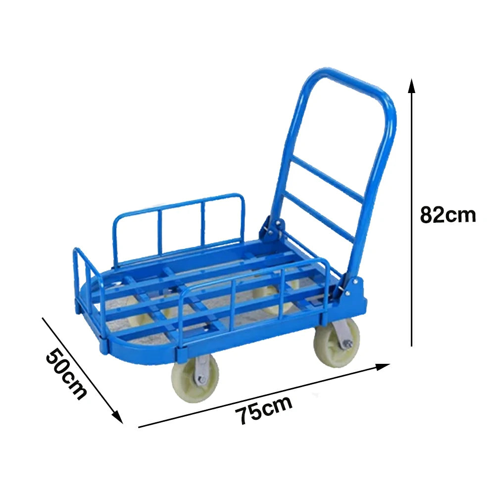 GROVIA Heavy-Duty Guard Rail Platform Trolley - 75/90cm, 6-Inch Nylon Wheels Non-Silent, 400/450kg Load Capacity, Industrial Warehouse Transport - Blue
