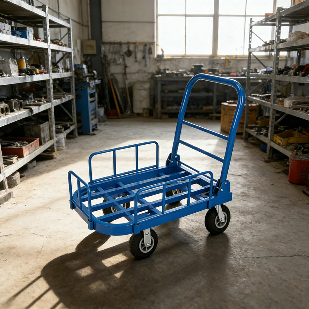 GROVIA Heavy-Duty Guard Rail Platform Trolley - 75/90cm, Fully Silent 6-Inch Black Rubber Wheels, 325/375kg Load Capacity, Warehouse & Logistics Transport - Blue