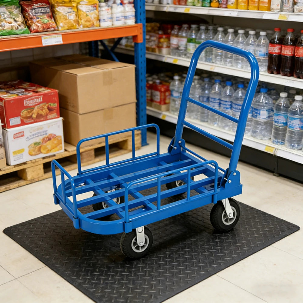 GROVIA Heavy-Duty Guard Rail Platform Trolley - 75/90cm, Fully Silent 6-Inch Black Rubber Wheels, 325/375kg Load Capacity, Warehouse & Logistics Transport - Blue