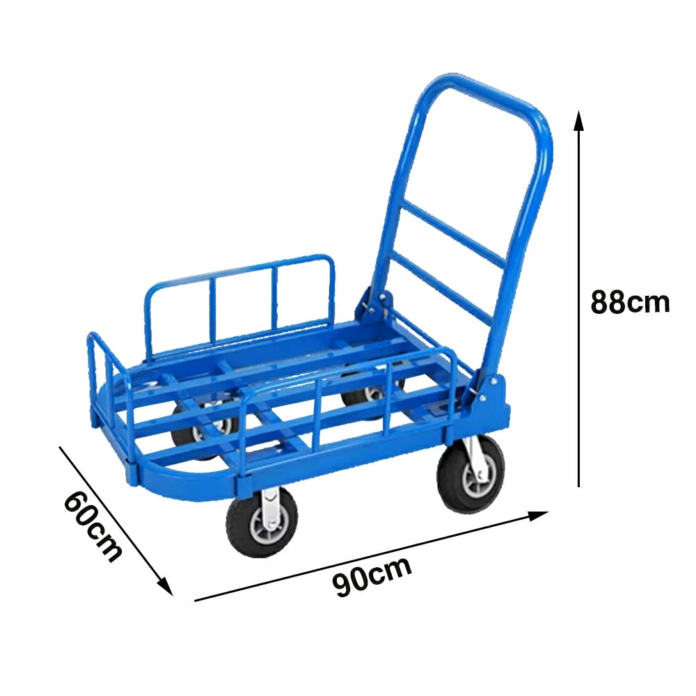 GROVIA Heavy-Duty Guard Rail Platform Trolley - 75/90cm, Fully Silent 6-Inch Black Rubber Wheels, 325/375kg Load Capacity, Warehouse & Logistics Transport - Blue