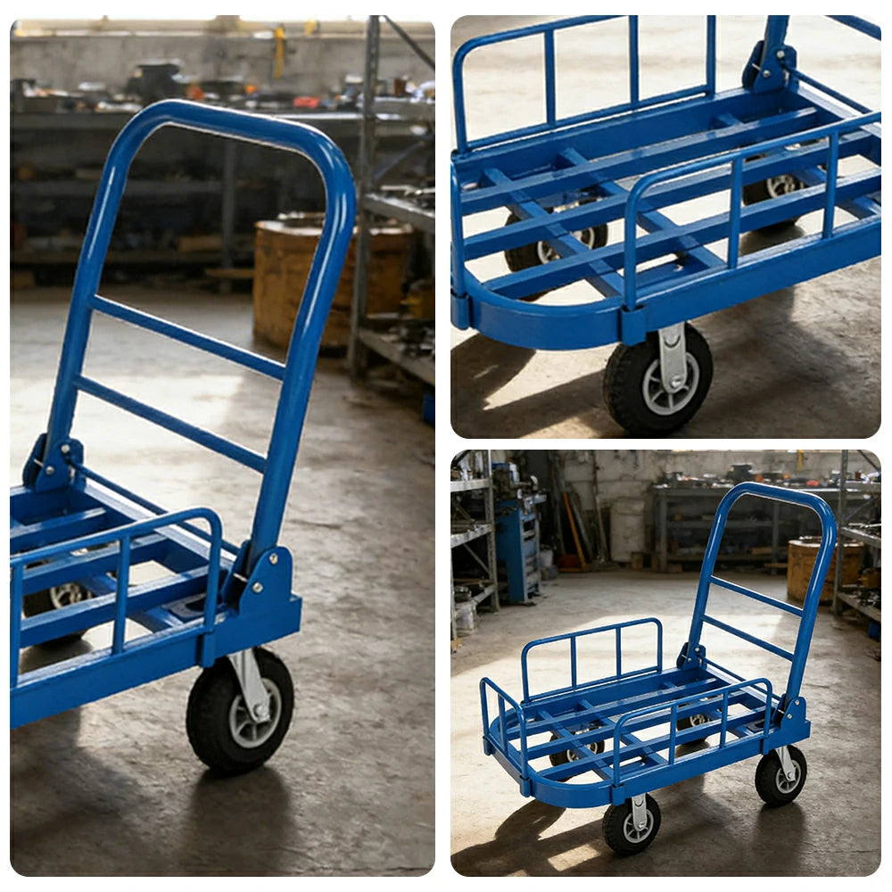 GROVIA Heavy-Duty Guard Rail Platform Trolley - 75/90cm, Fully Silent 6-Inch Black Rubber Wheels, 325/375kg Load Capacity, Warehouse & Logistics Transport - Blue