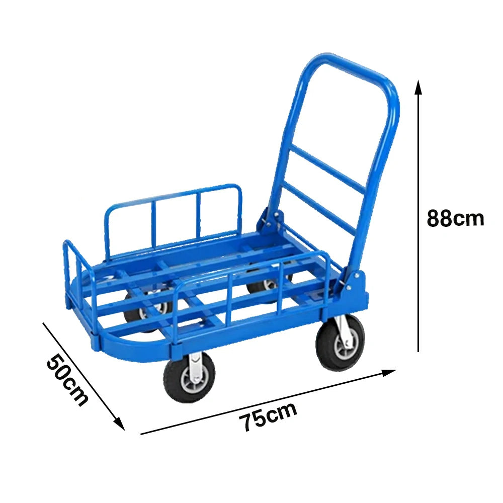 GROVIA Heavy-Duty Guard Rail Platform Trolley - 75/90cm, Fully Silent 6-Inch Black Rubber Wheels, 325/375kg Load Capacity, Warehouse & Logistics Transport - Blue