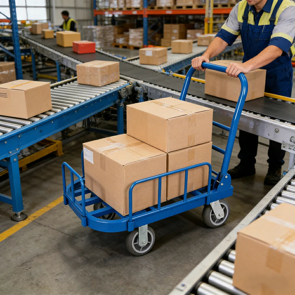 GROVIA Heavy-Duty Guard Rail Platform Trolley - 75/90cm, Ultra-Quiet 6-Inch Effort-Saving Wheels, 425/500kg Load Capacity, Warehouse & Logistics Transport - Blue