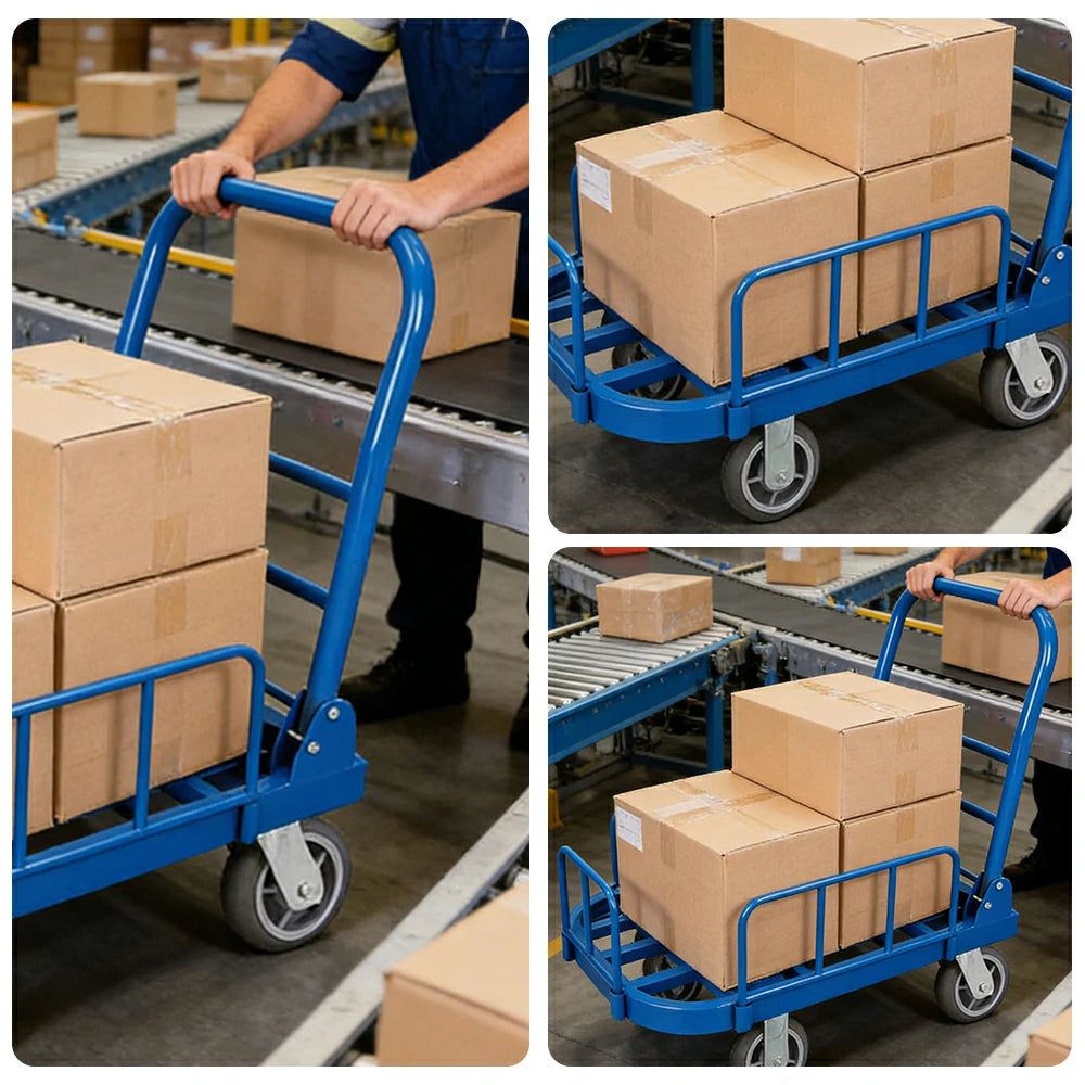 GROVIA Heavy-Duty Guard Rail Platform Trolley - 75/90cm, Ultra-Quiet 6-Inch Effort-Saving Wheels, 425/500kg Load Capacity, Warehouse & Logistics Transport - Blue