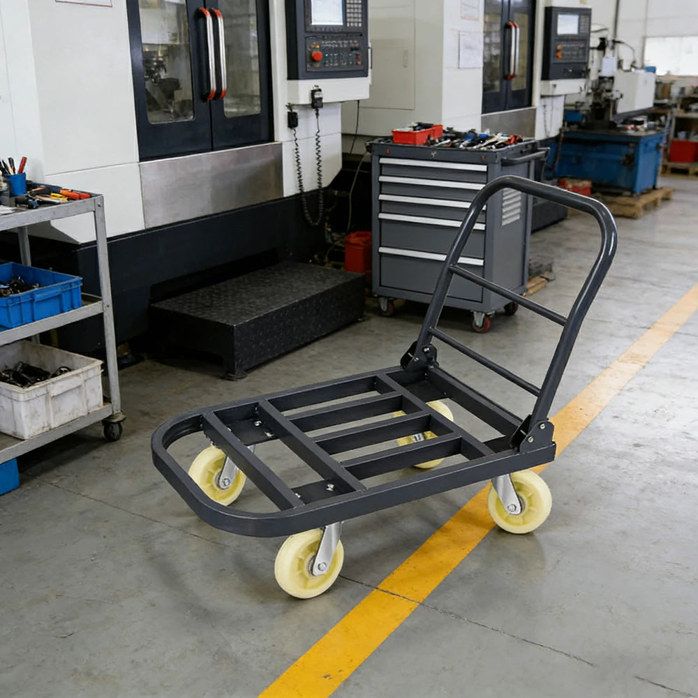 GROVIA Heavy-Duty Steel Tube Platform Trolley - 75/90cm, 6-Inch Nylon Wheels Non-Silent, 400/500kg Load Capacity, Warehouse Transport - Steel Grey