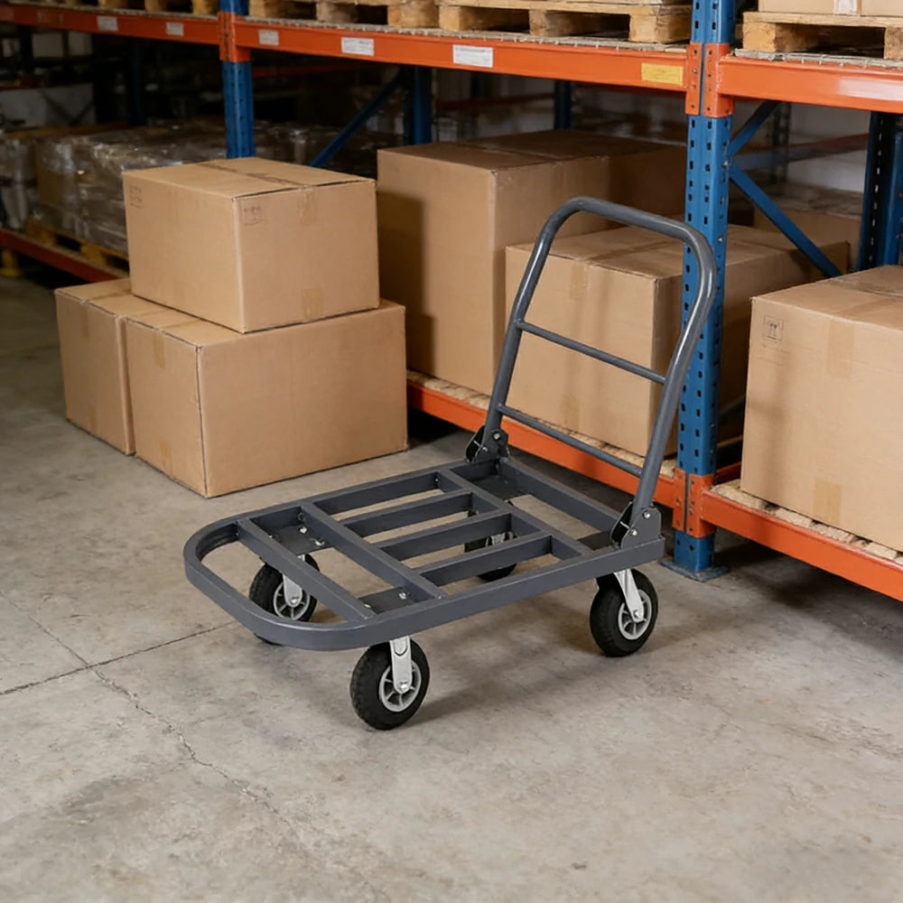 GROVIA Heavy-Duty Steel Tube Platform Trolley - 75/90cm, Ultra-Quiet 6-Inch Black Rubber Wheels, High Load Capacity, Warehouse Transport - Steel Grey
