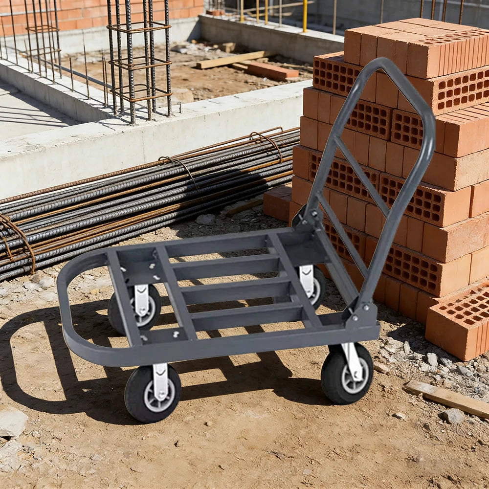 GROVIA Heavy-Duty Steel Tube Platform Trolley - 75/90cm, Ultra-Quiet 6-Inch Black Rubber Wheels, High Load Capacity, Warehouse Transport - Steel Grey