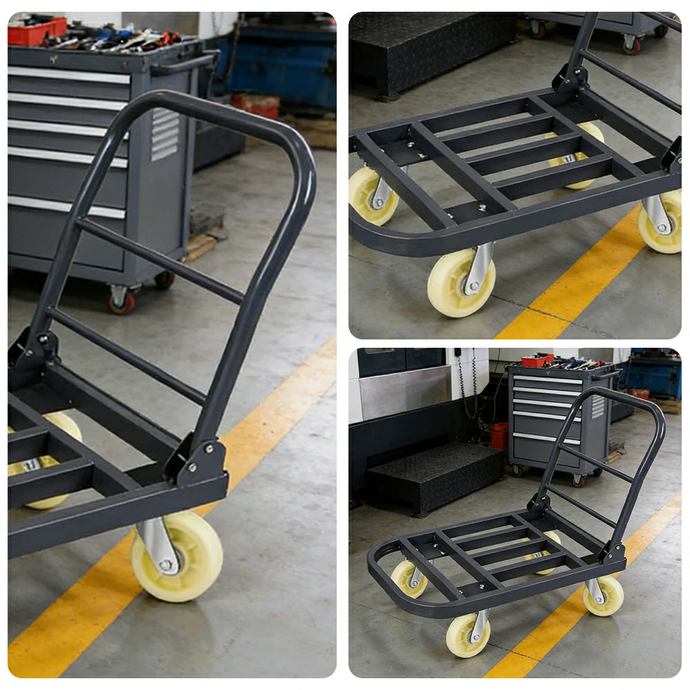 GROVIA Heavy-Duty Steel Tube Platform Trolley - 75/90cm, 6-Inch Nylon Wheels Non-Silent, 400/500kg Load Capacity, Warehouse Transport - Steel Grey