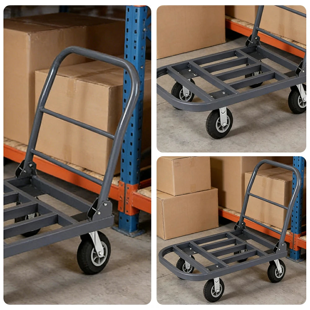 GROVIA Heavy-Duty Steel Tube Platform Trolley - 75/90cm, Ultra-Quiet 6-Inch Black Rubber Wheels, High Load Capacity, Warehouse Transport - Steel Grey