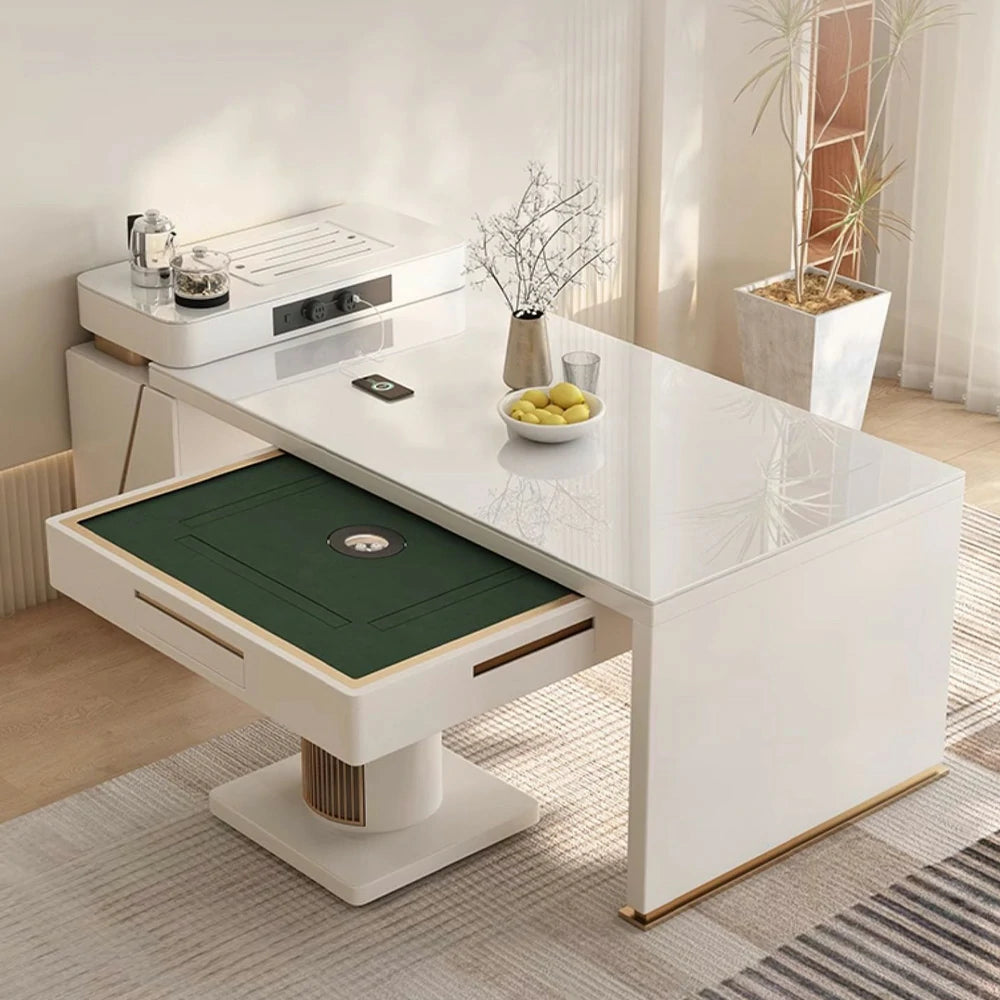 HEXJON 2-in-1 Extendable Island Mahjong Dining Table 145CM-165CM with Storage Cabinet White Modern Design