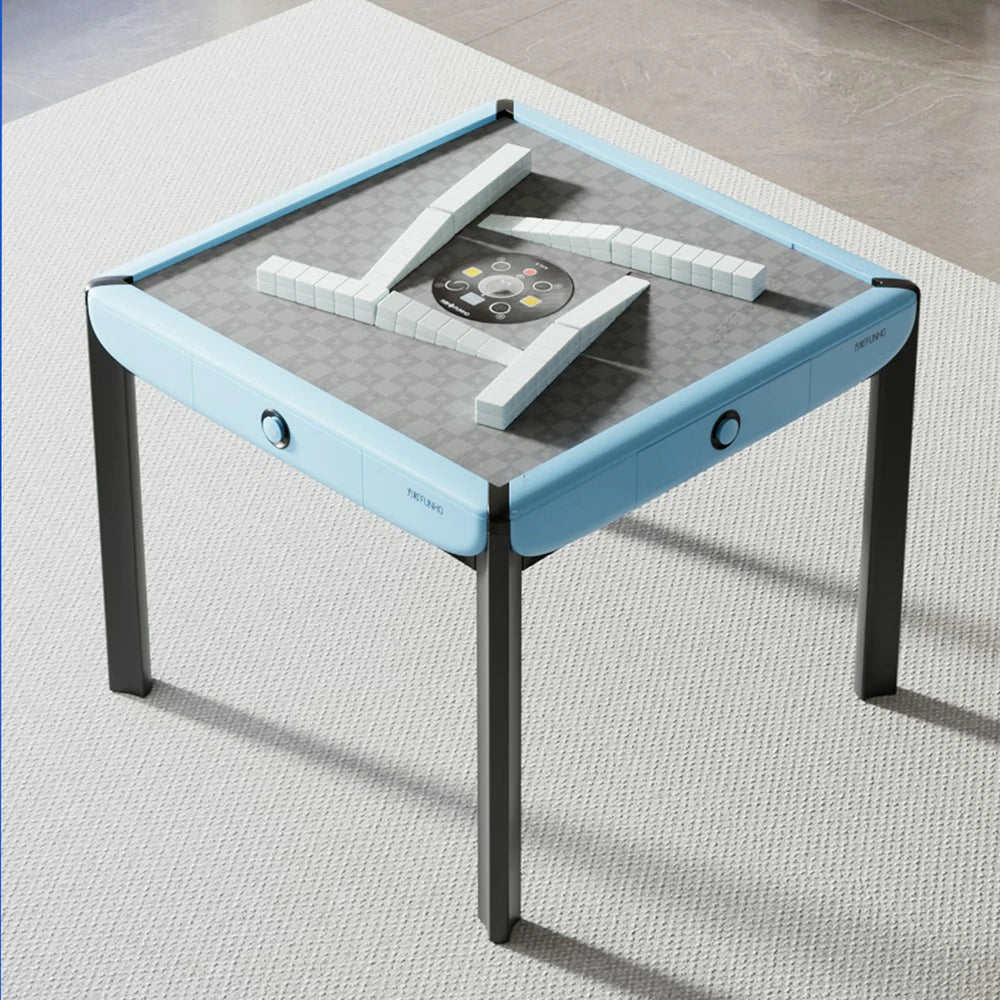 HEXJON 101cm Automatic Mahjong Table - Tempered Glass Top,Noise-Reducing Velvet Surface, Modern Square Design - Blue