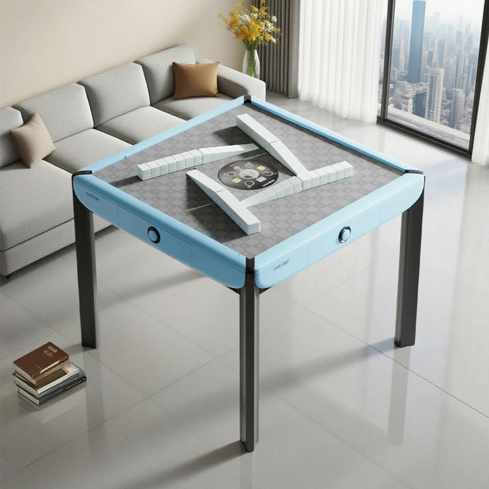 HEXJON 101cm Automatic Mahjong Table - Tempered Glass Top,Noise-Reducing Velvet Surface, Modern Square Design - Blue