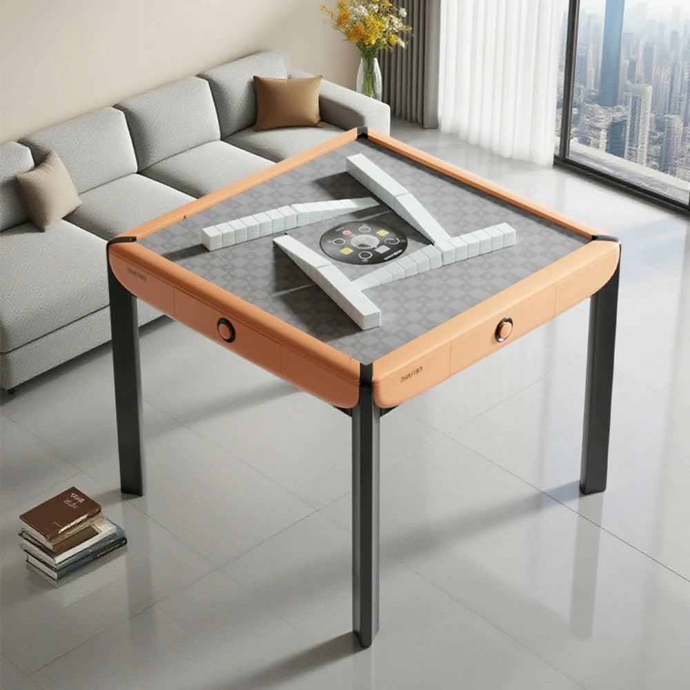 HEXJON 101cm Automatic Mahjong Table - Tempered Glass Top,Noise-Reducing Velvet Surface,Modern Square Design - Orange