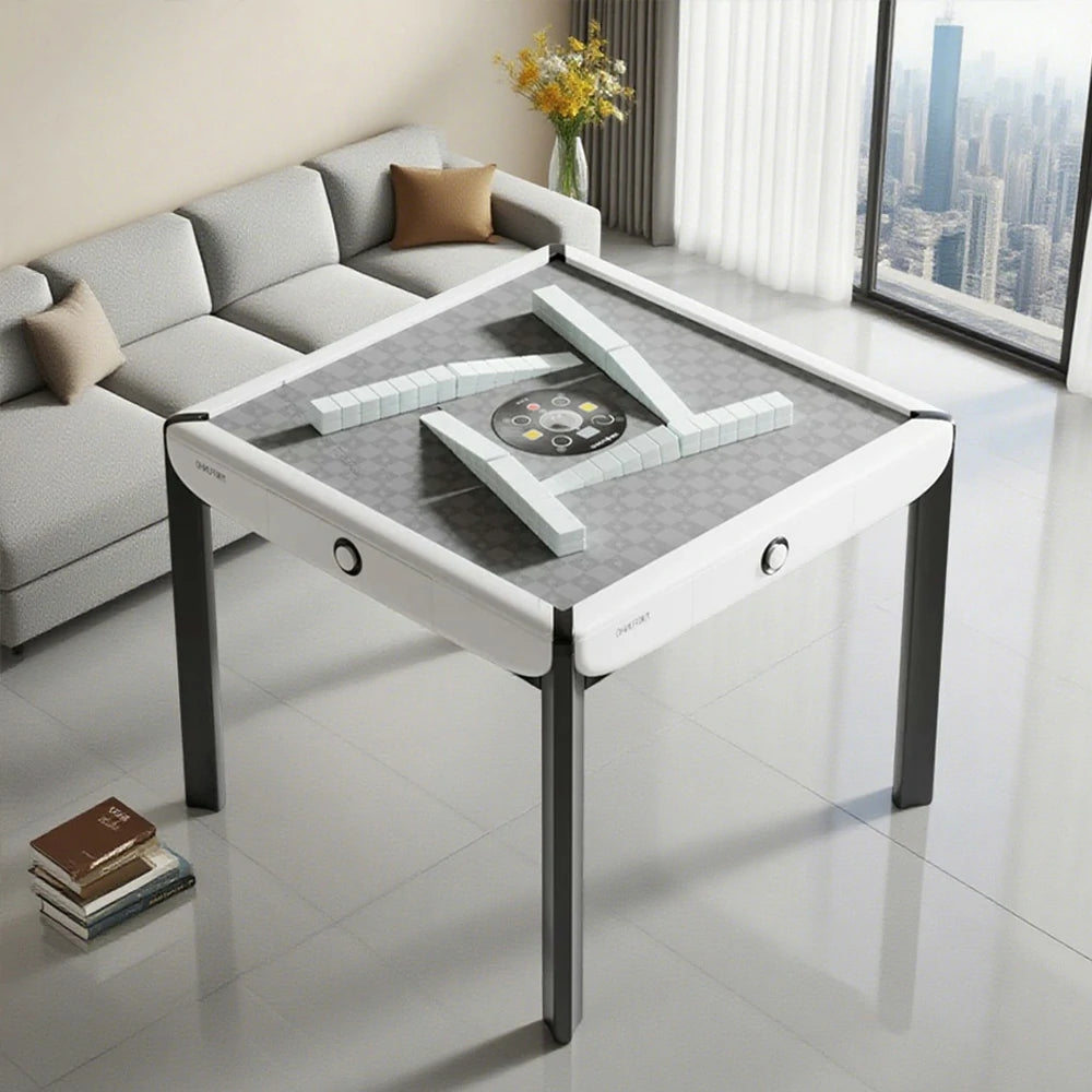 HEXJON 101cm Automatic Mahjong Table - Tempered Glass Top,Noise-Reducing Velvet Surface, Modern Square Design - White