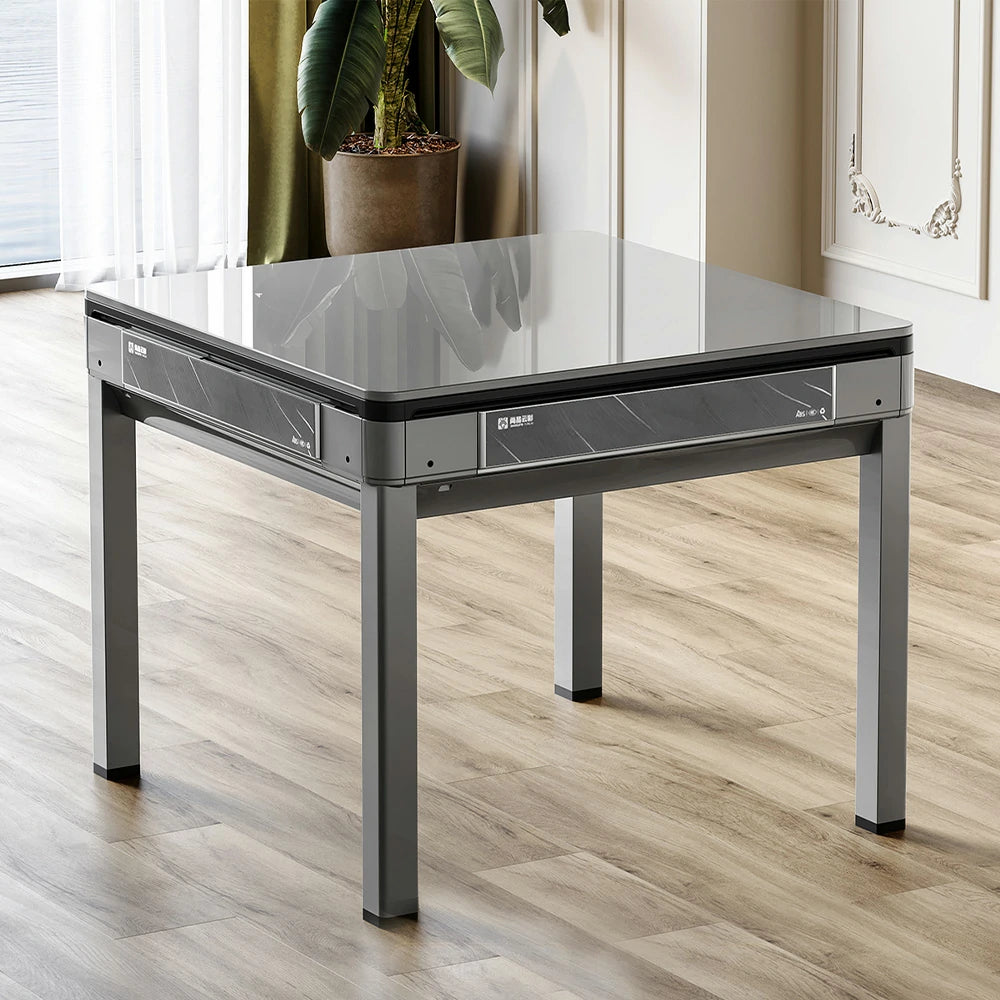 HEXJON 91 x 91 cm Mini Automatic Mahjong Table, Low Noise, Full Metal Frame, Glass Border Design - Grey