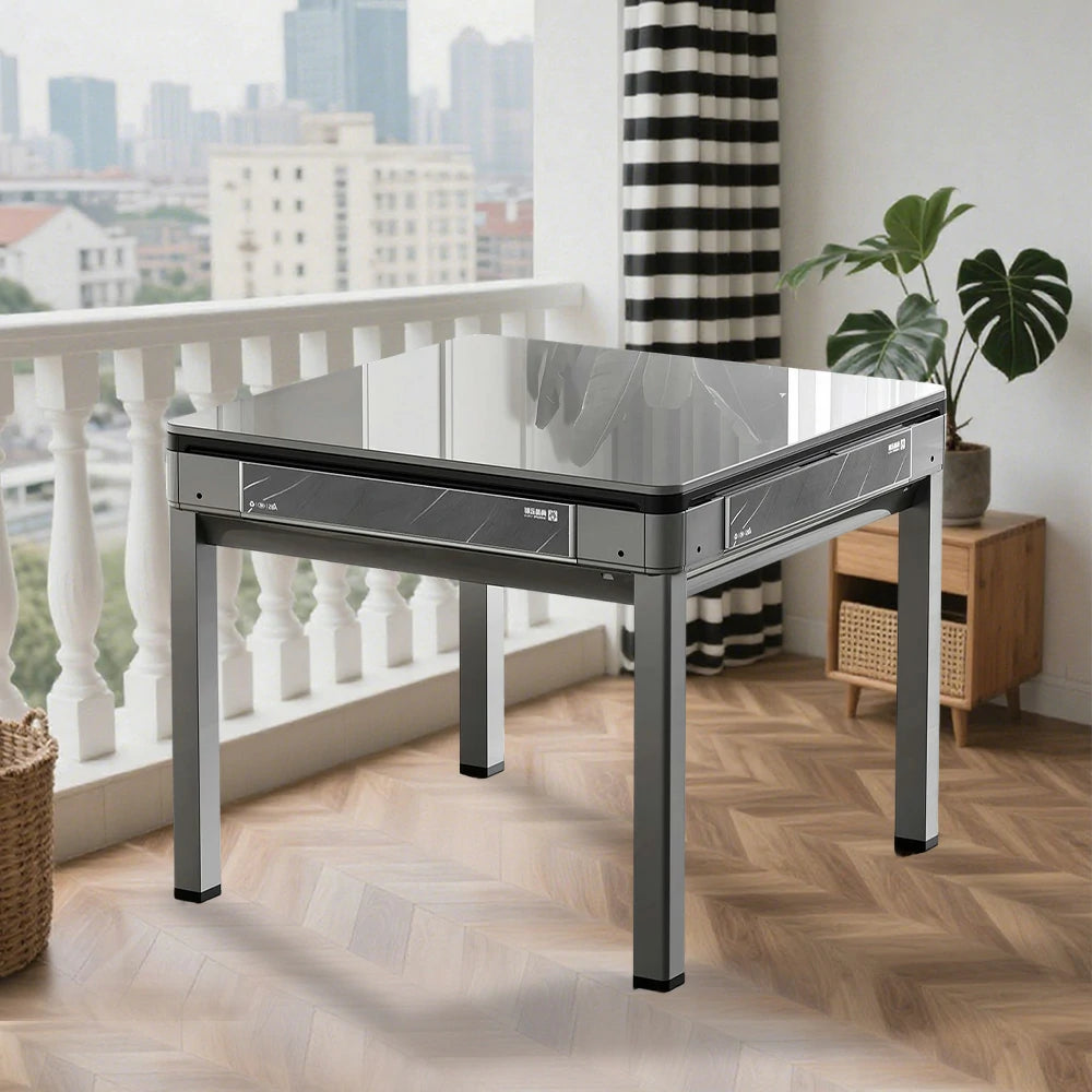 HEXJON 91 x 91 cm Mini Automatic Mahjong Table, Low Noise, Full Metal Frame, Glass Border Design - Grey