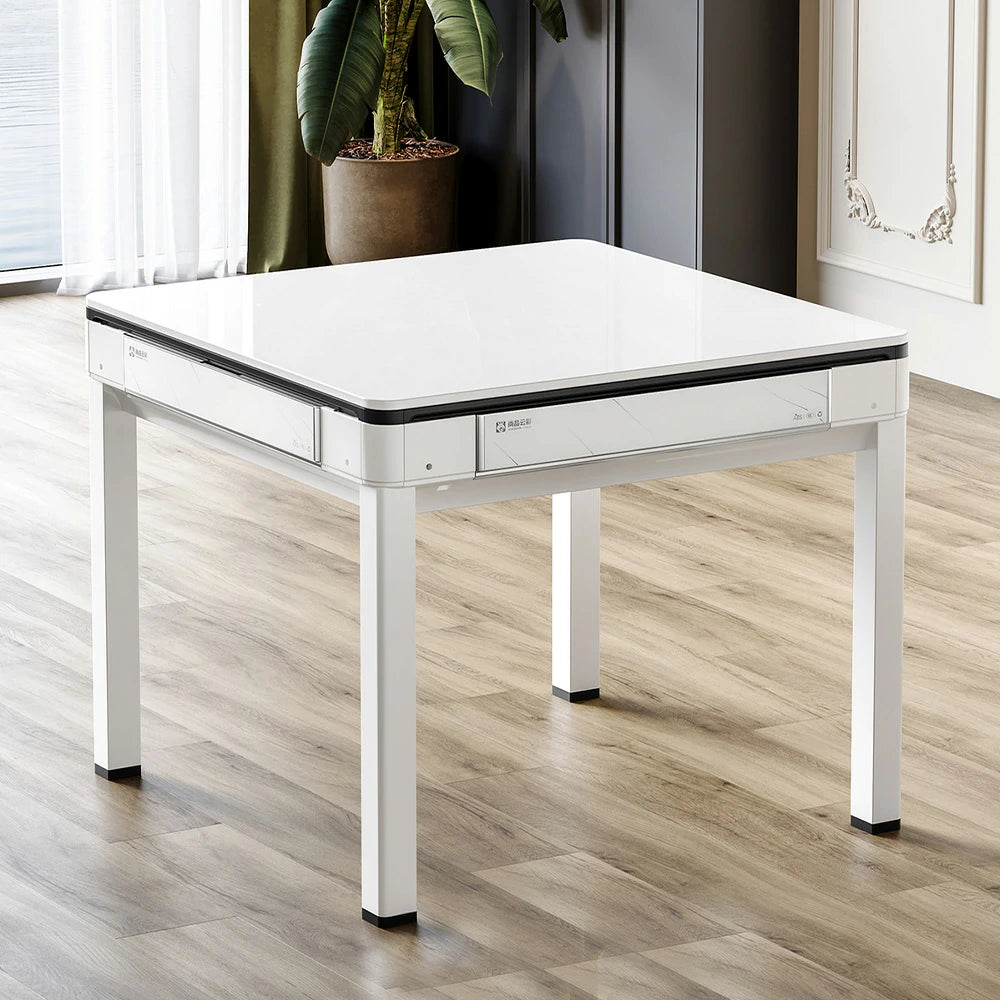 HEXJON 91 x 91 cm Mini Automatic Mahjong Table, Low Noise, Full Metal Frame, Glass Border Design - White