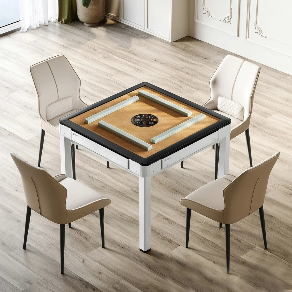HEXJON 91 x 91 cm Mini Automatic Mahjong Table, Low Noise, Full Metal Frame, Glass Border Design - White