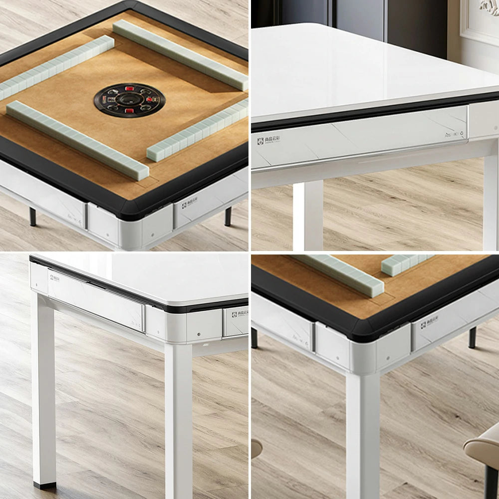 HEXJON 91 x 91 cm Mini Automatic Mahjong Table, Low Noise, Full Metal Frame, Glass Border Design - White