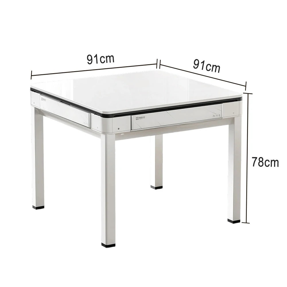 HEXJON 91 x 91 cm Mini Automatic Mahjong Table, Low Noise, Full Metal Frame, Glass Border Design - White