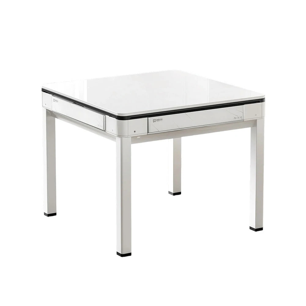 HEXJON 91 x 91 cm Mini Automatic Mahjong Table, Low Noise, Full Metal Frame, Glass Border Design - White