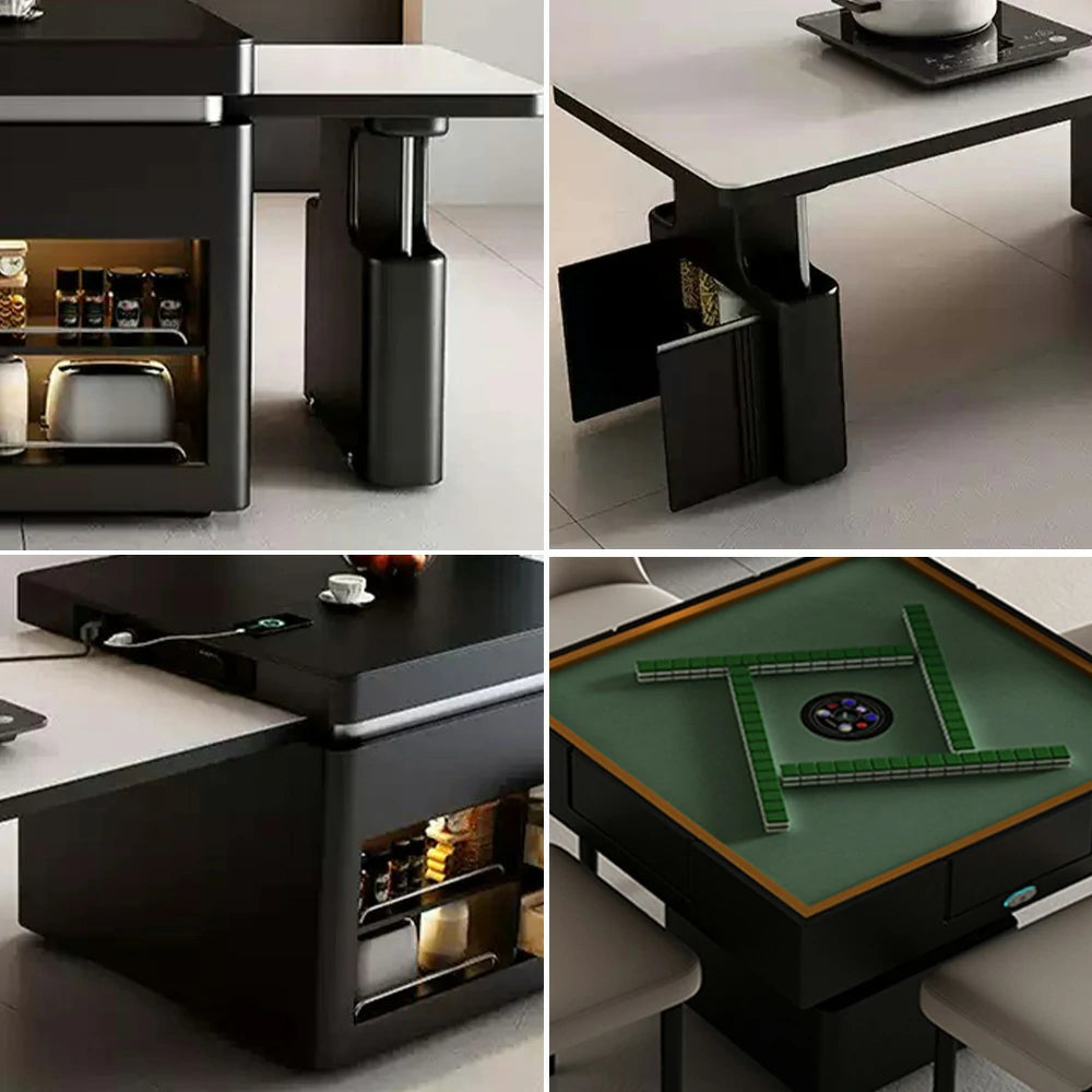 HEXJON Extendable Lift-Top Automatic Mahjong Dining Table – 140-220CM Convertible Island Design with Storage - White & Black