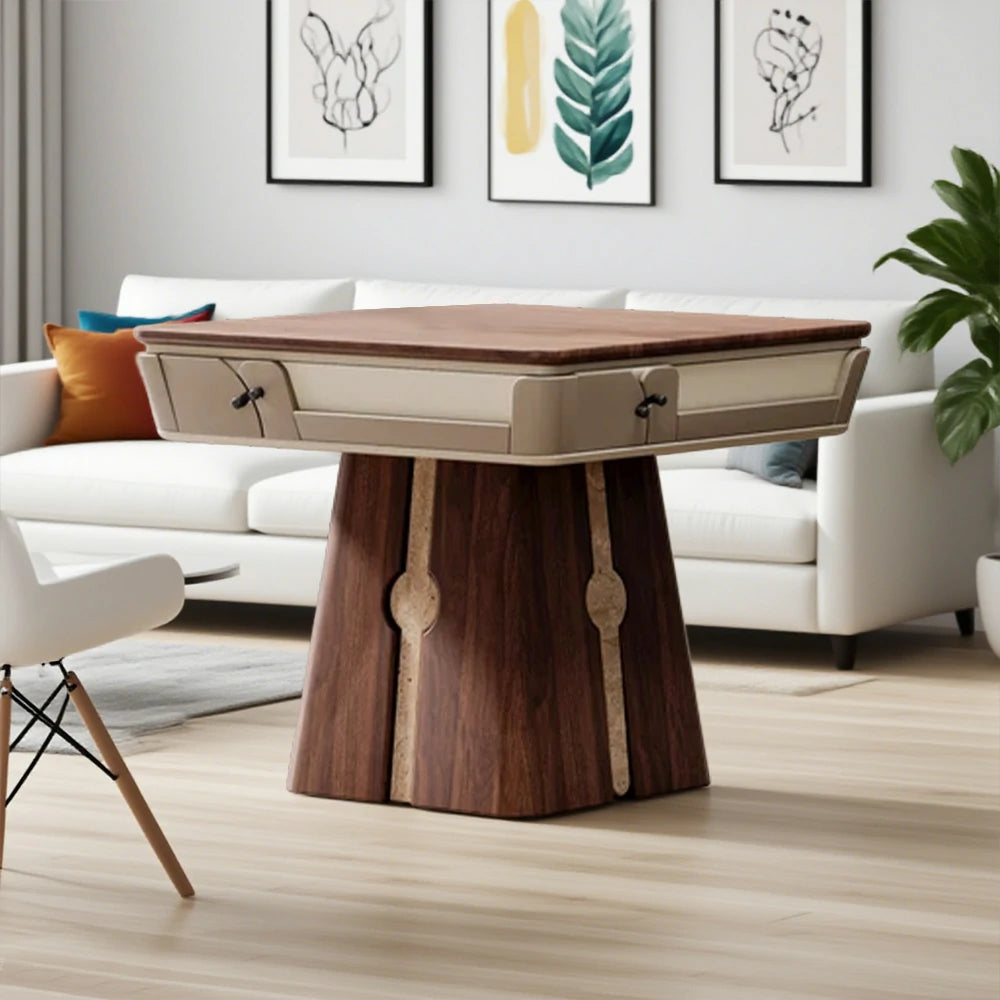 HEXJON 107cm Automatic Mahjong Table - Solid Wood Texture Finish,Velvet Surface,Convertible Dining & Mahjong Modes - Brown