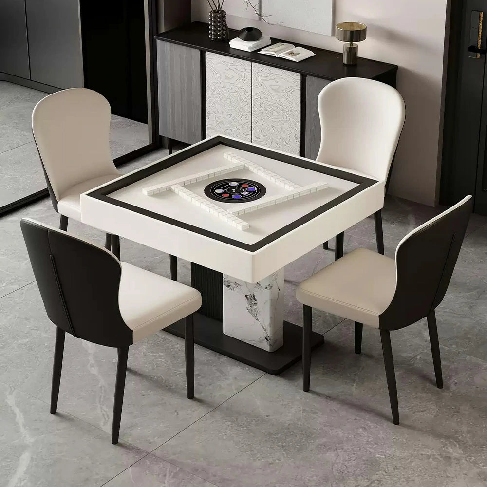 HEXJON 140cm Convertible Dining & Automatic Mahjong Table - Lift-Top Sintered Stone Surface - Black & White