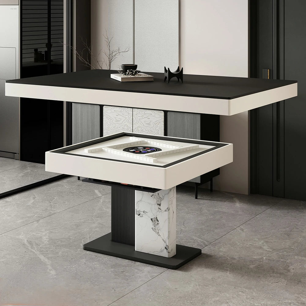 HEXJON 140cm Convertible Dining & Automatic Mahjong Table - Lift-Top Sintered Stone Surface - Black & White