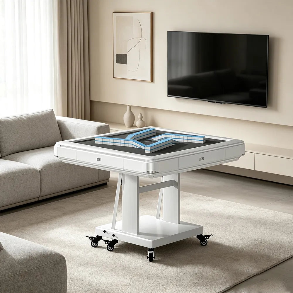 HEXJON No.40 Automatic Mahjong Table - Ultra-Low-Noise Double-Folding Anti-Tip Design, 100cm Compact Game Table - White