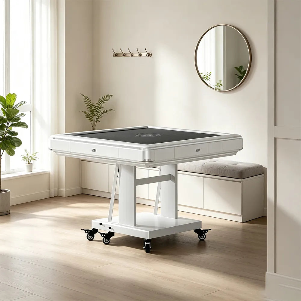 HEXJON No.40 Automatic Mahjong Table - Ultra-Low-Noise Double-Folding Anti-Tip Design, 100cm Compact Game Table - White