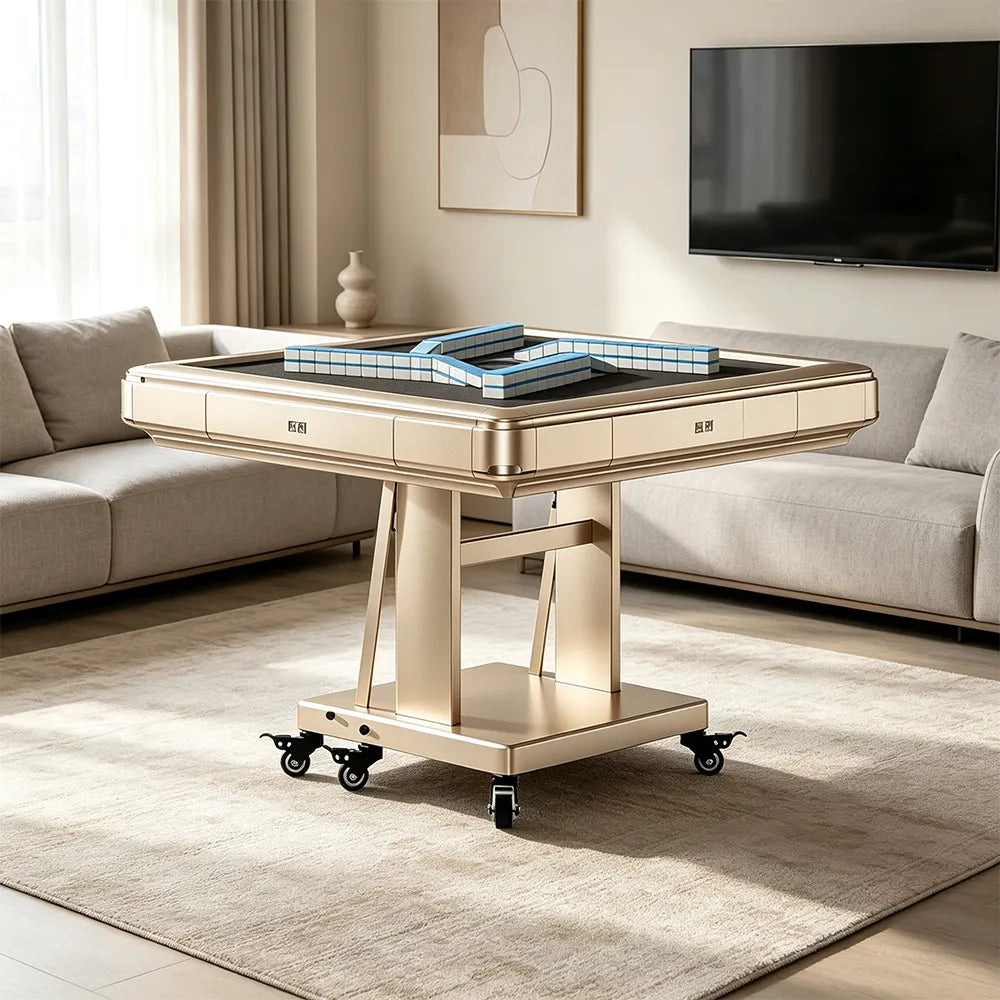 HEXJON No.40 Automatic Mahjong Table - Ultra-Low-Noise Double-Folding Anti-Tip Design, 100cm Compact Game Table - Gold
