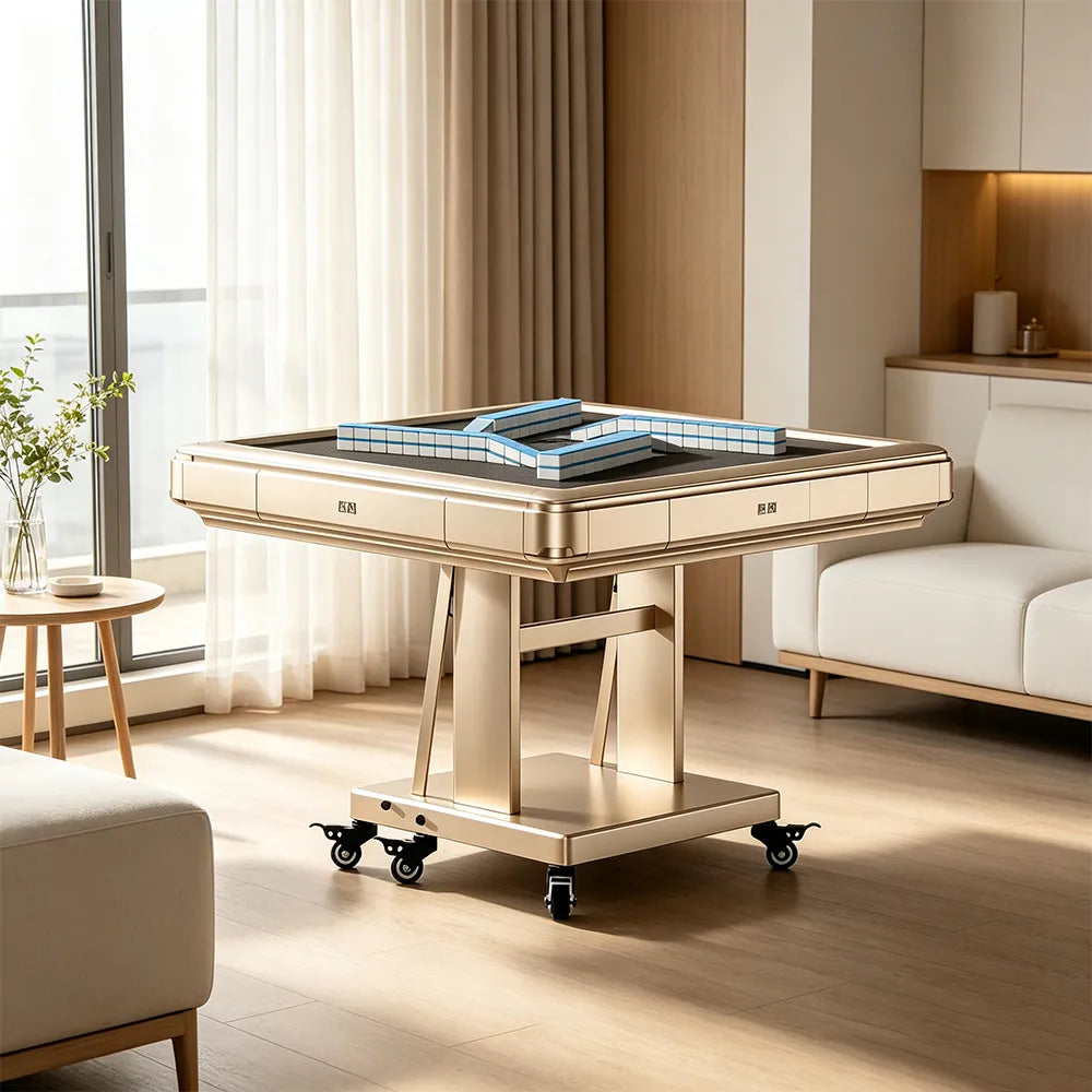 HEXJON No.40 Automatic Mahjong Table - Ultra-Low-Noise Double-Folding Anti-Tip Design, 100cm Compact Game Table - Gold