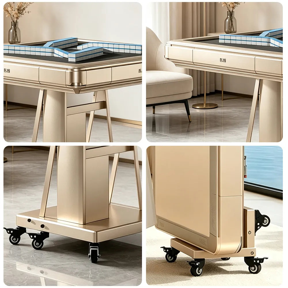 HEXJON No.40 Automatic Mahjong Table - Ultra-Low-Noise Double-Folding Anti-Tip Design, 100cm Compact Game Table - Gold