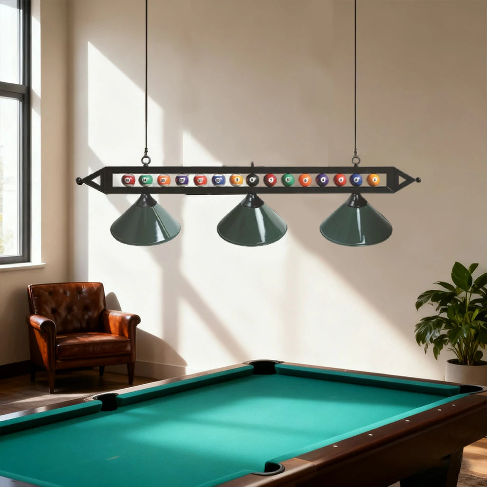 ARIX 59" Pool Ball Design Light Rail, 3-Shade Metal Billiard Lighting with Embedded Pool Balls - Black Rail with Decorative Ball Detail