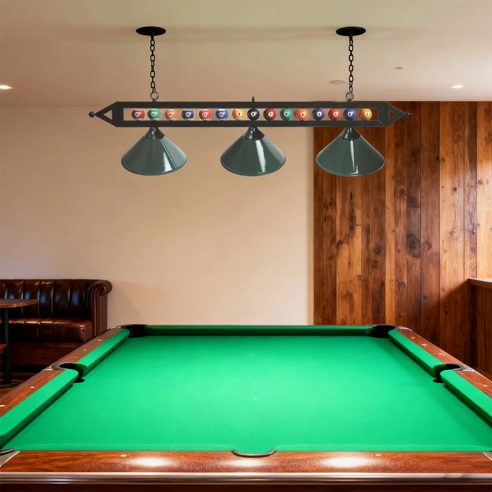 ARIX 59" Pool Ball Design Light Rail, 3-Shade Metal Billiard Lighting with Embedded Pool Balls - Black Rail with Decorative Ball Detail