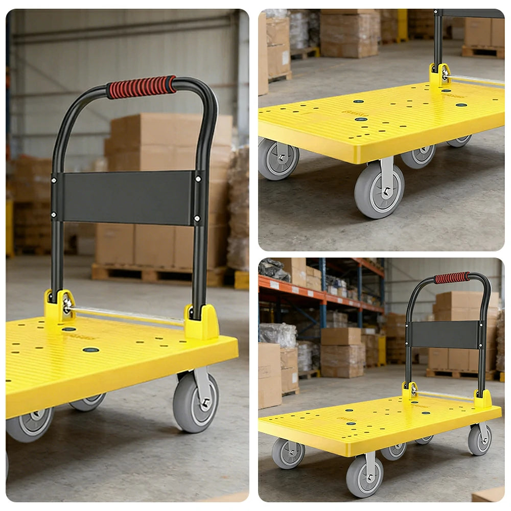 GROVIA Heavy-Duty Platform Trolley - 110x66cm Reinforced Dual-Tube Frame, 6-Inch Industrial Grey Rubber Wheels, Stable & Smooth Transport - Yellow
