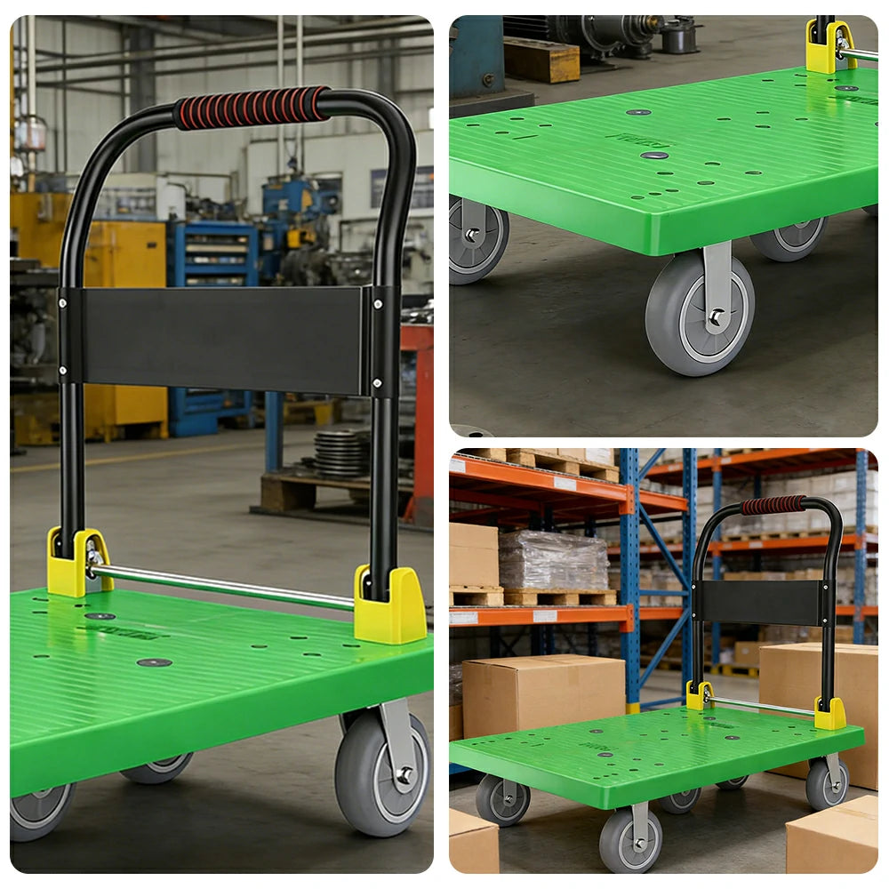 GROVIA Heavy-Duty Platform Trolley - 110x66cm Reinforced Dual-Tube Frame, 6-Inch Industrial Grey Rubber Wheels, Stable & Smooth Transport - Green