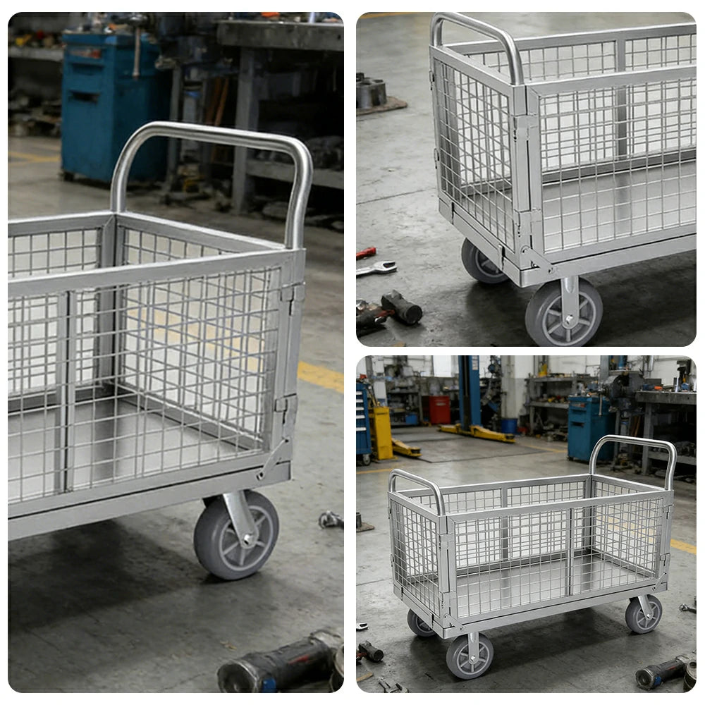 GROVIA Heavy-Duty Mesh Platform Trolley - 90x60cm, Foldable Cage Design, Quiet 6-Inch Rubber Wheels, 300kg Load Capacity - Silver