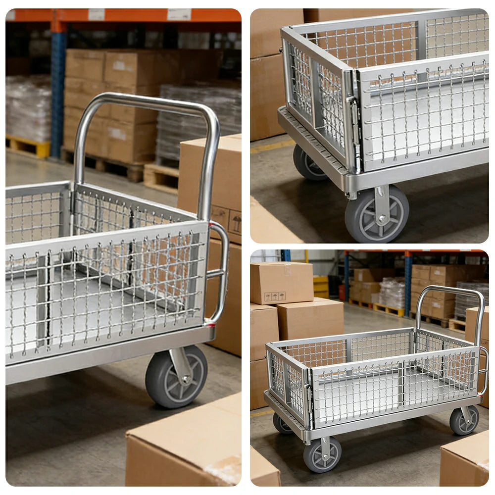 GROVIA Industrial Heavy-Duty Mesh Platform Trolley - 126x76cm, Foldable Cage Design, Quiet 8-Inch Rubber Wheels, High Load Capacity - Silver