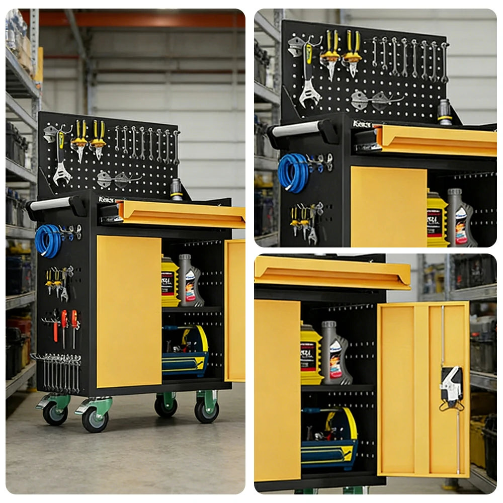 GROVIA Mobile Tool Trolley with Pegboard - Single Drawer Design, Heavy-Duty Steel Cabinet, Lockable Storage for Workshop & Garage - Yellow