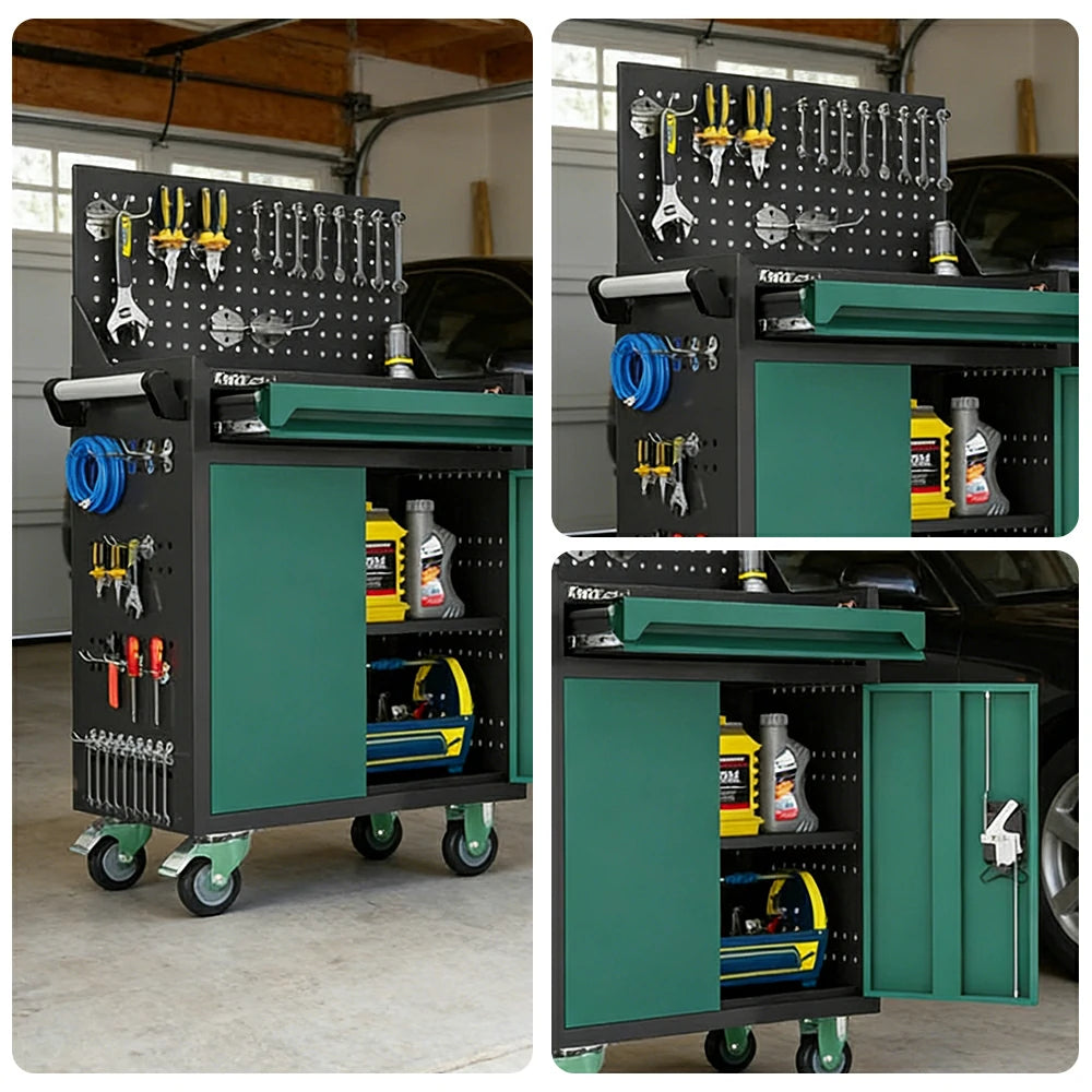 GROVIA Mobile Tool Trolley with Pegboard - Single Drawer Design, Heavy-Duty Steel Cabinet, Lockable Storage for Workshop & Garage - Green